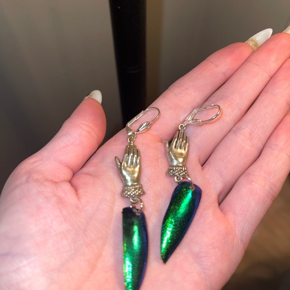 Unique Hand and Green Dagger Earrings - Picture 3 of 3